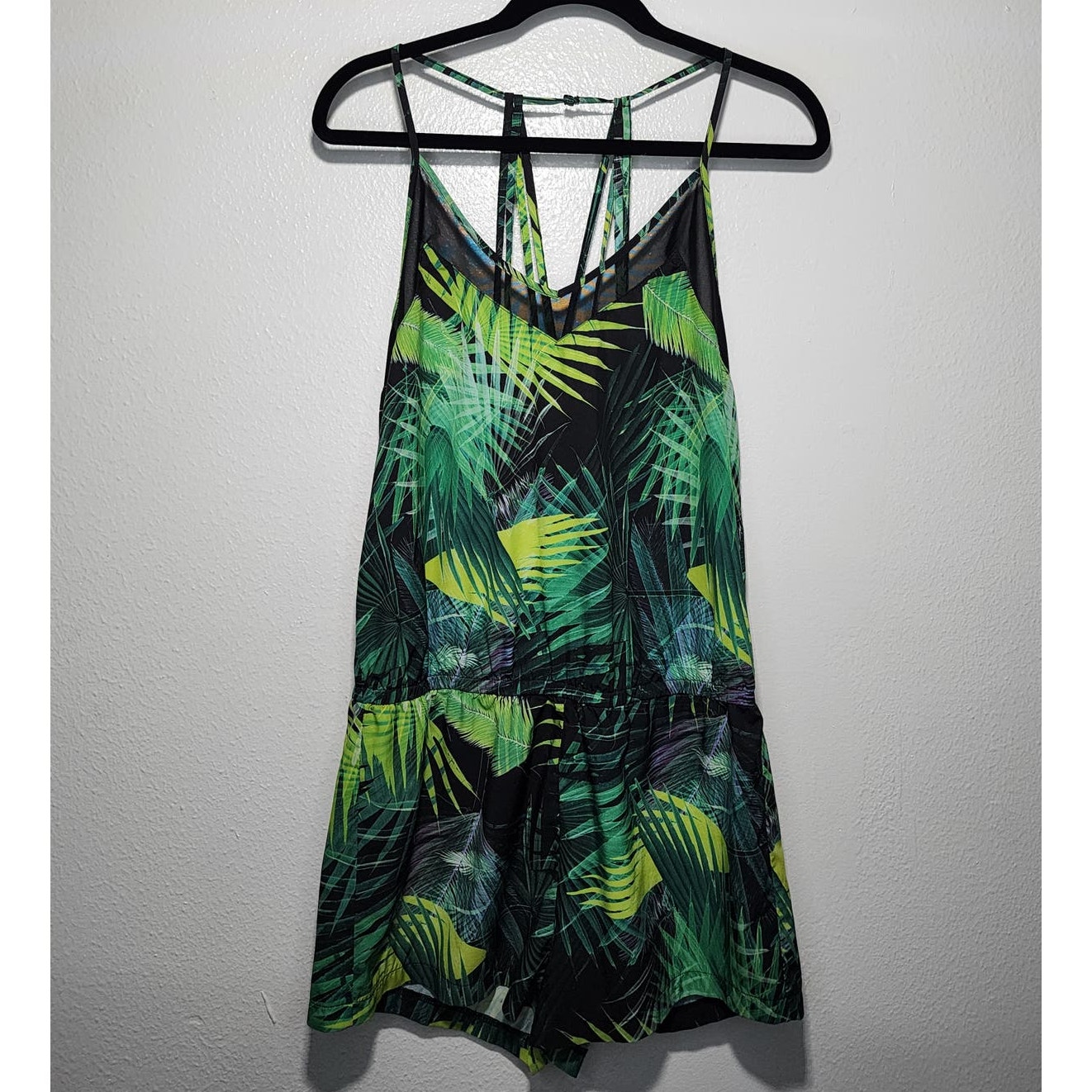 Fabletics Dash Romper Tropical Rainforest Strappy Mesh Palm Leaf Print