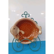 Vintage Ceramic Fish Plate with Decorative Teal Metal Stand Wall Art Home Decor
