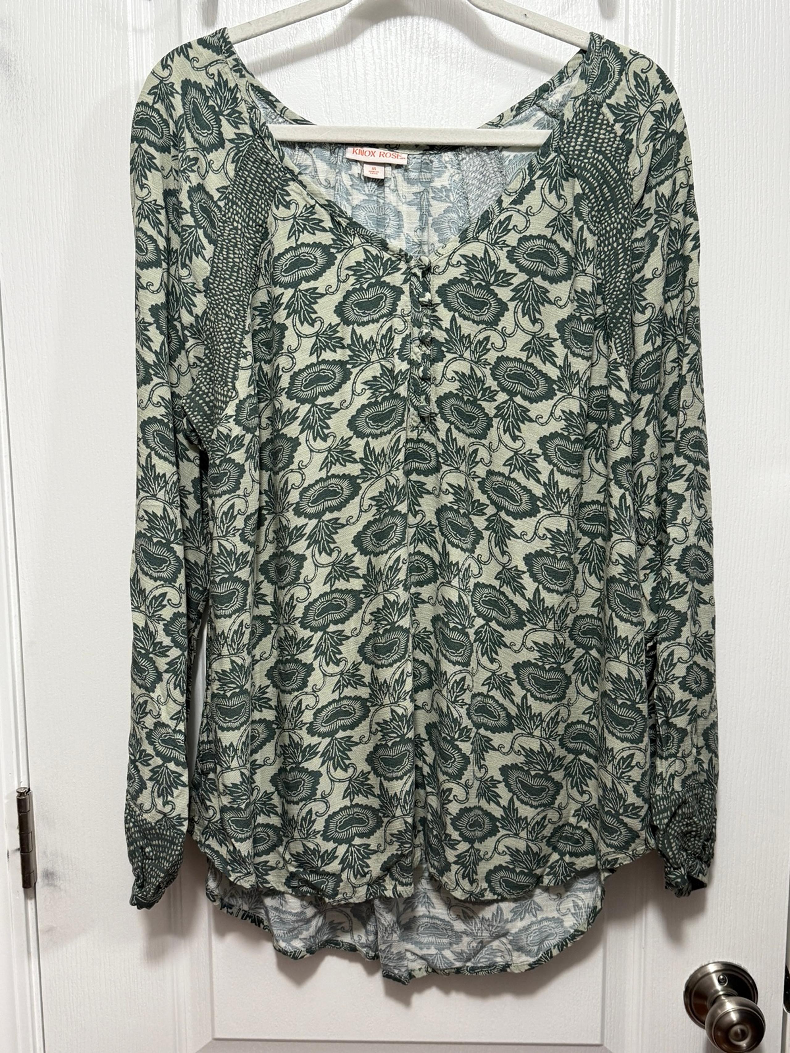 Knox Rose  Long Sleeve V Neck Tunic Women’s M Peasant Blouse Green Floral Boho
