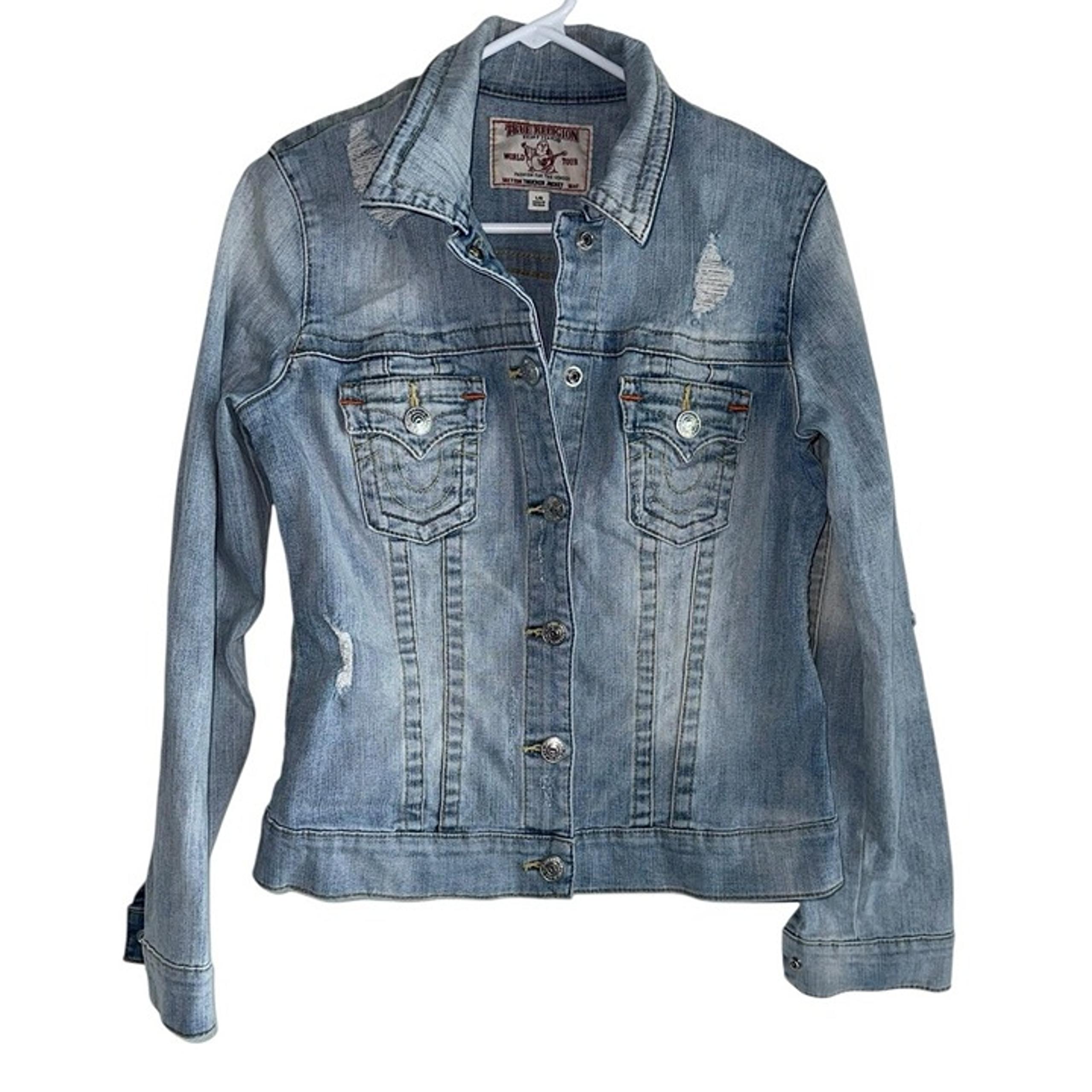 True Religion Womens Denim Trucker Jacket Sz L Distressed Snap Light Wash