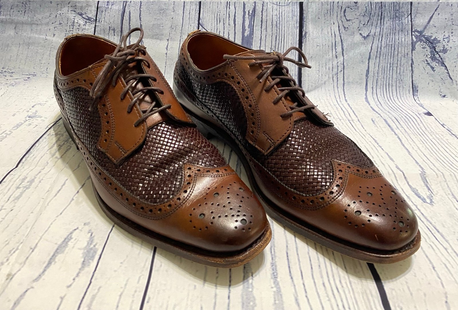 Allen Edmonds Leiden Brown Woven Leather Wingtip Oxford Dress Shoes 9 1/2 D