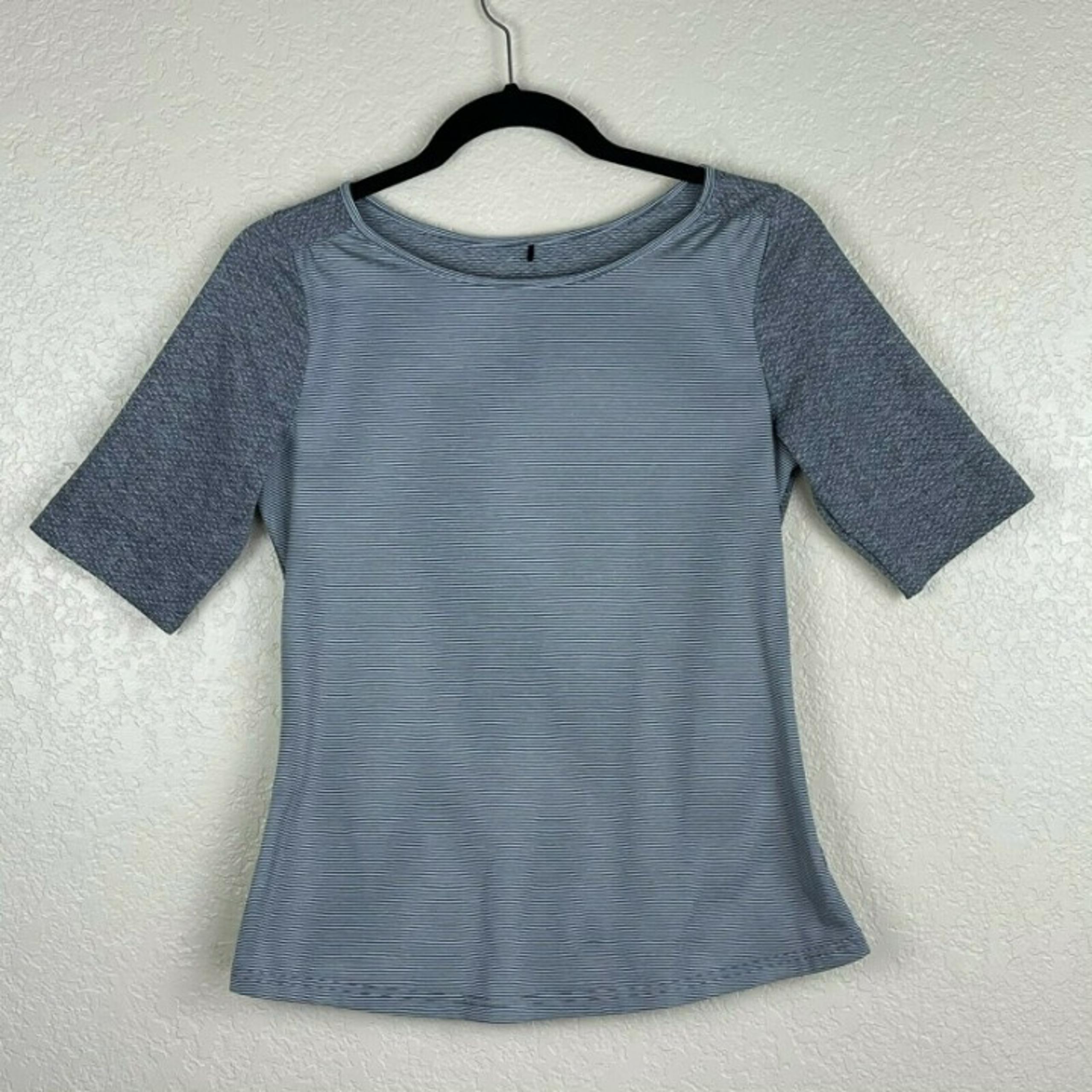 prAna T-Shirt Women's Sz S Kaylin Boat Neck Half Sleeve Striped Athletic Gray