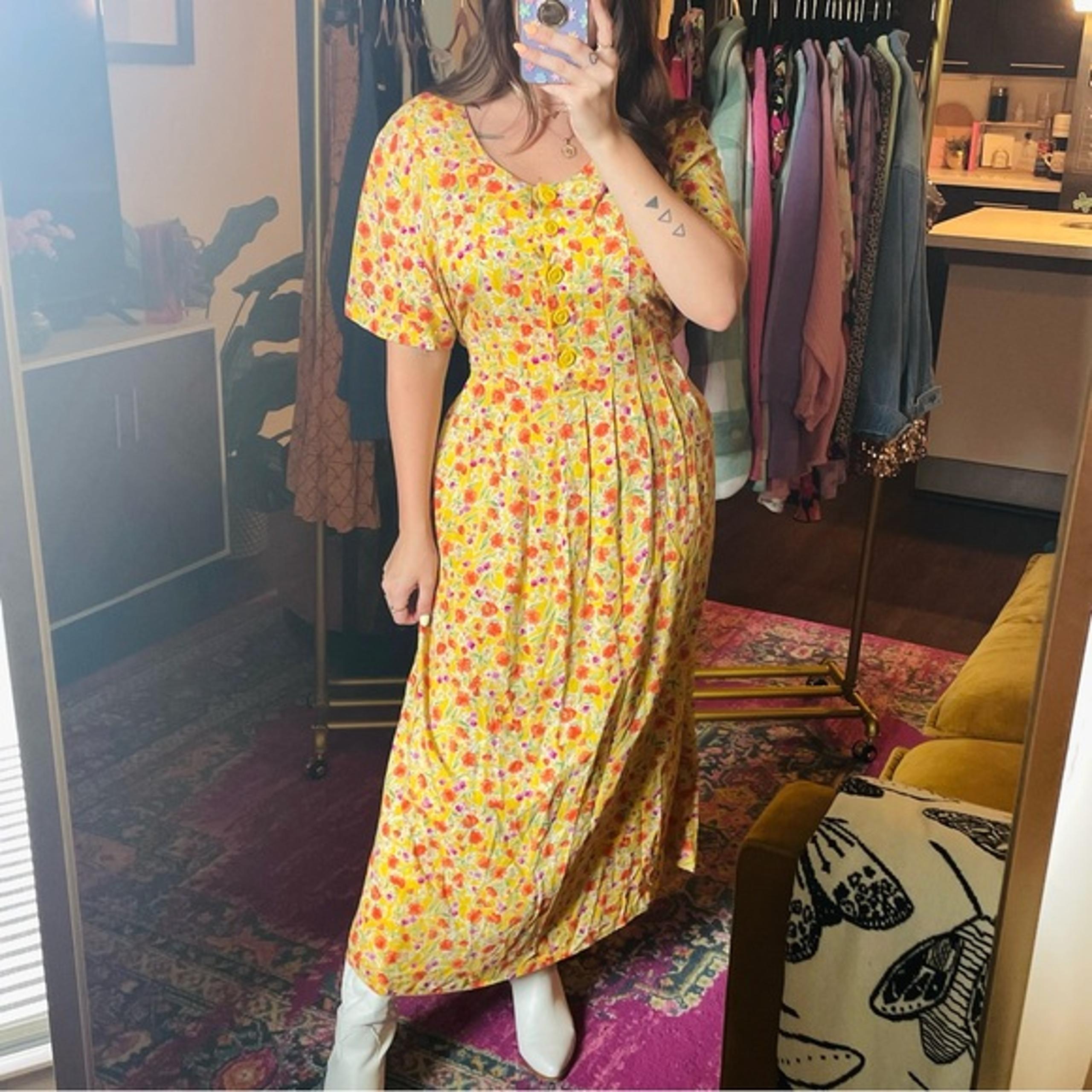 Vintage 90s Yellow Floral Midi Dress