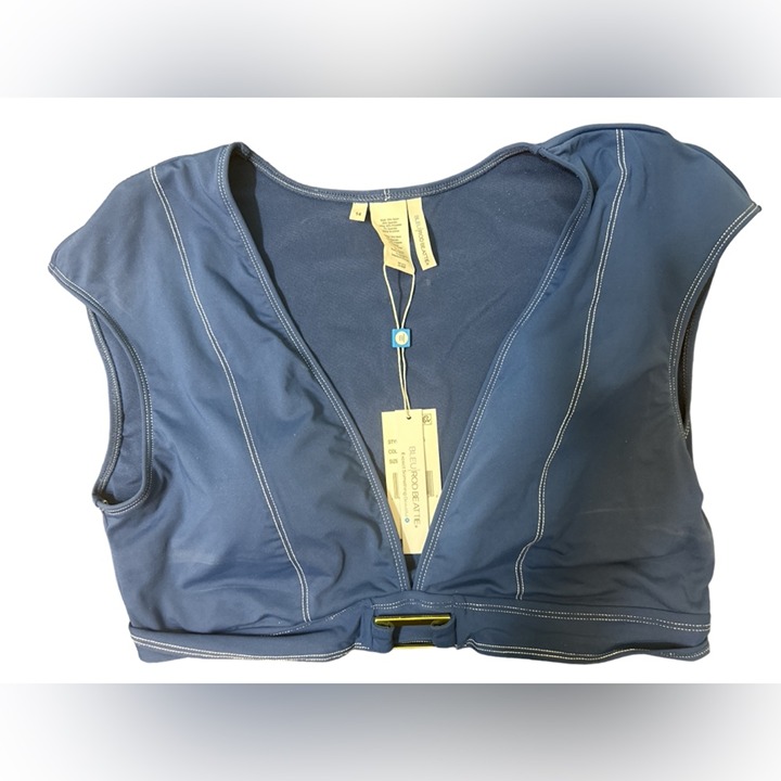 Bleu Rod Beattie Stitched Cap Sleeve Crop Navy Bikini Top NWT