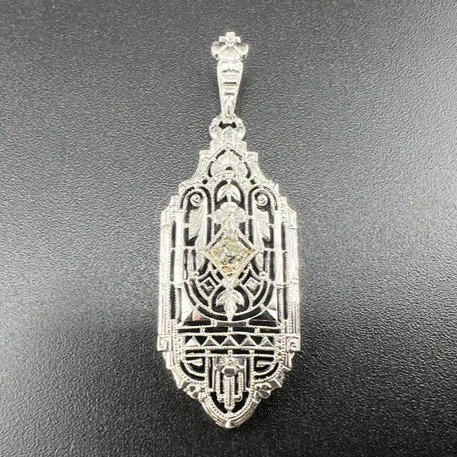 ANTIQUE 1920'S ART DECO FILIGREE 14K WG WHITE GOLD DIAMOND PENDANT