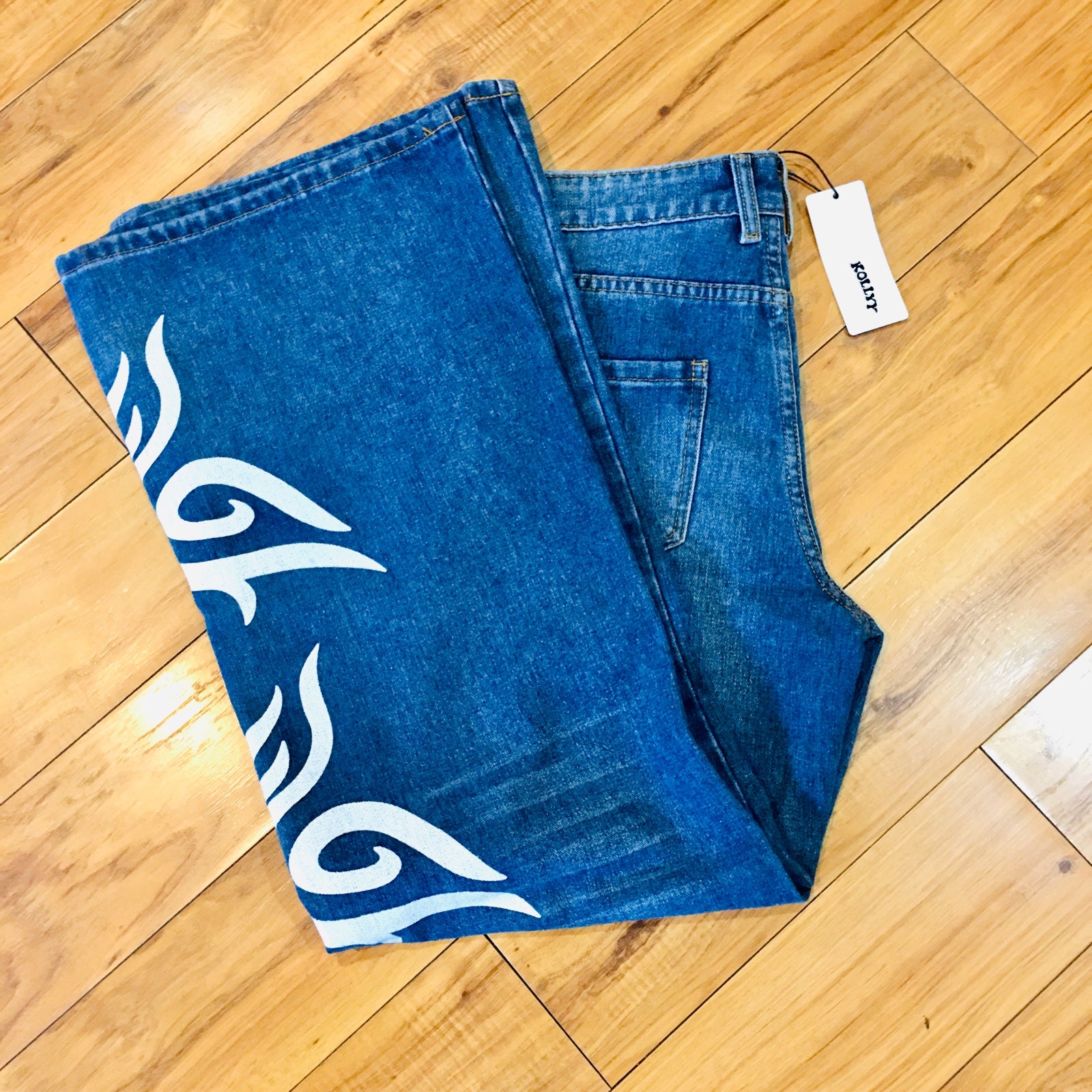 Denim flame flare wide leg medium wash denim jeans medium skater baggy