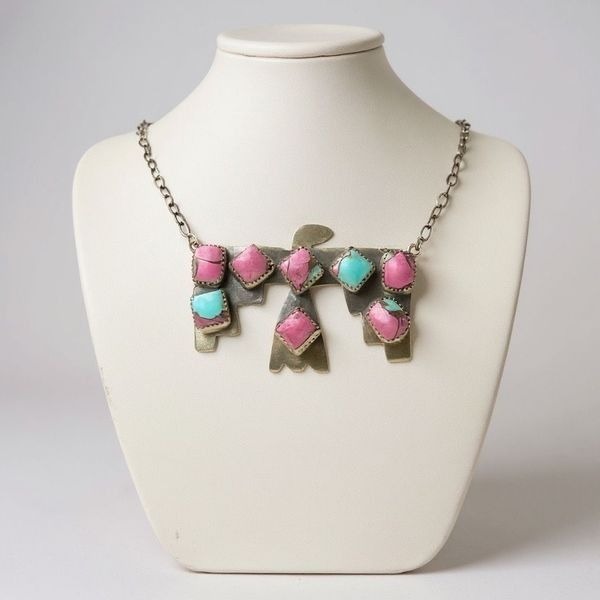 Unique Southwestern Cotton Candy Turquoise Thunderbird Adjustable Necklace New