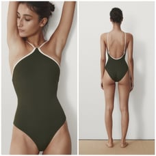 NWT Massimo Dutti One Piece Swimsuit Halter Top Contrast Green Size Small