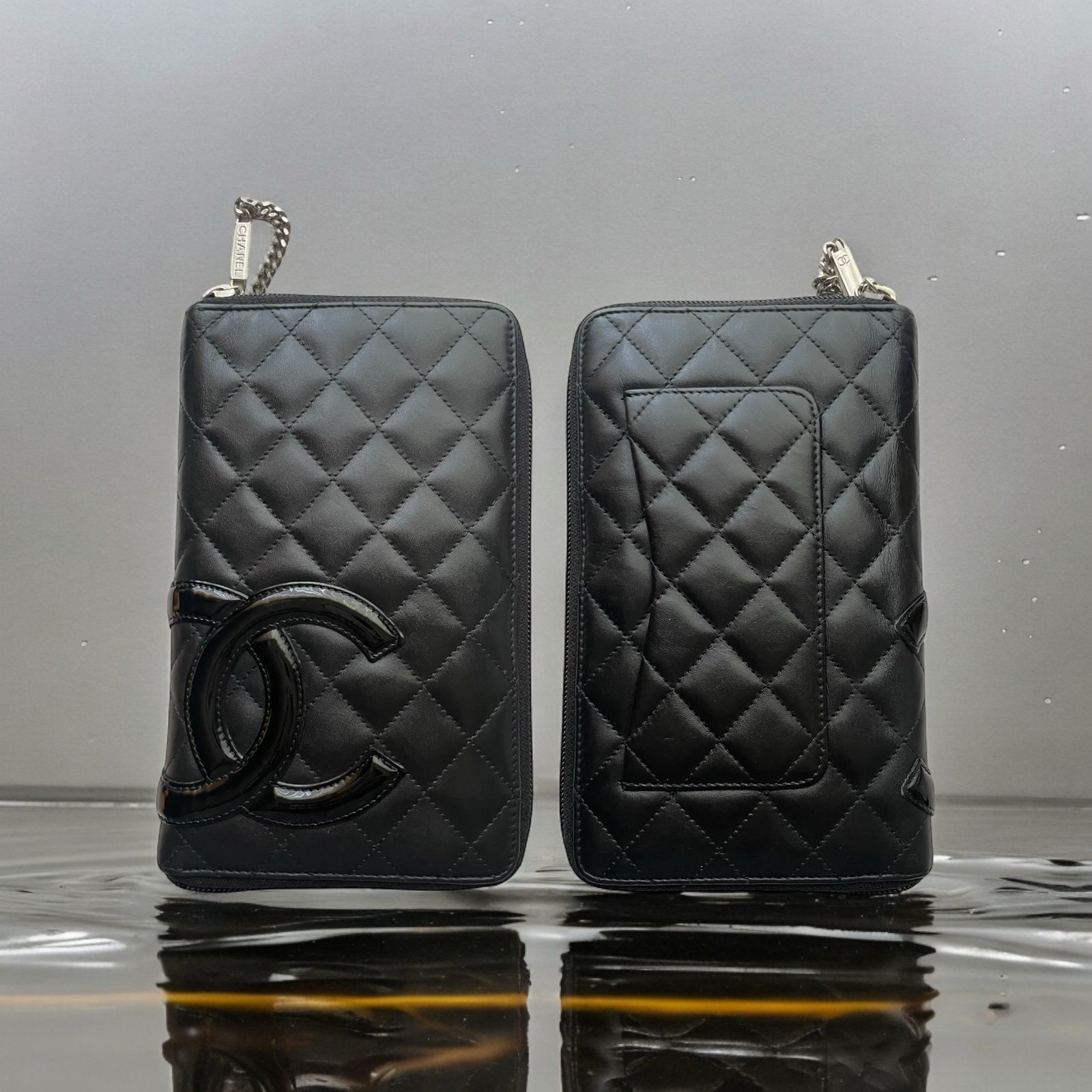 CHANEL Cambon Line Matelasse Lambskin Leather Black Large Long Zip Around Wallet