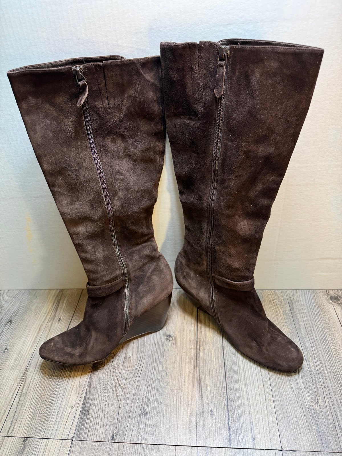 Cole Haan Lainey Wedge Boots Women Size 10 B Brown Suede Tall Buckle Knee High