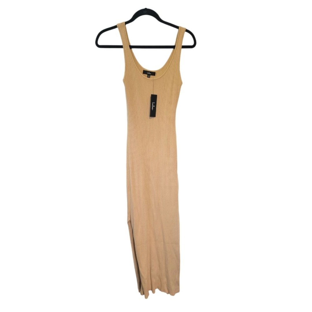 Lulu's Tan Ribbed Knit Midi Dress Size Medium NWT Side Slits