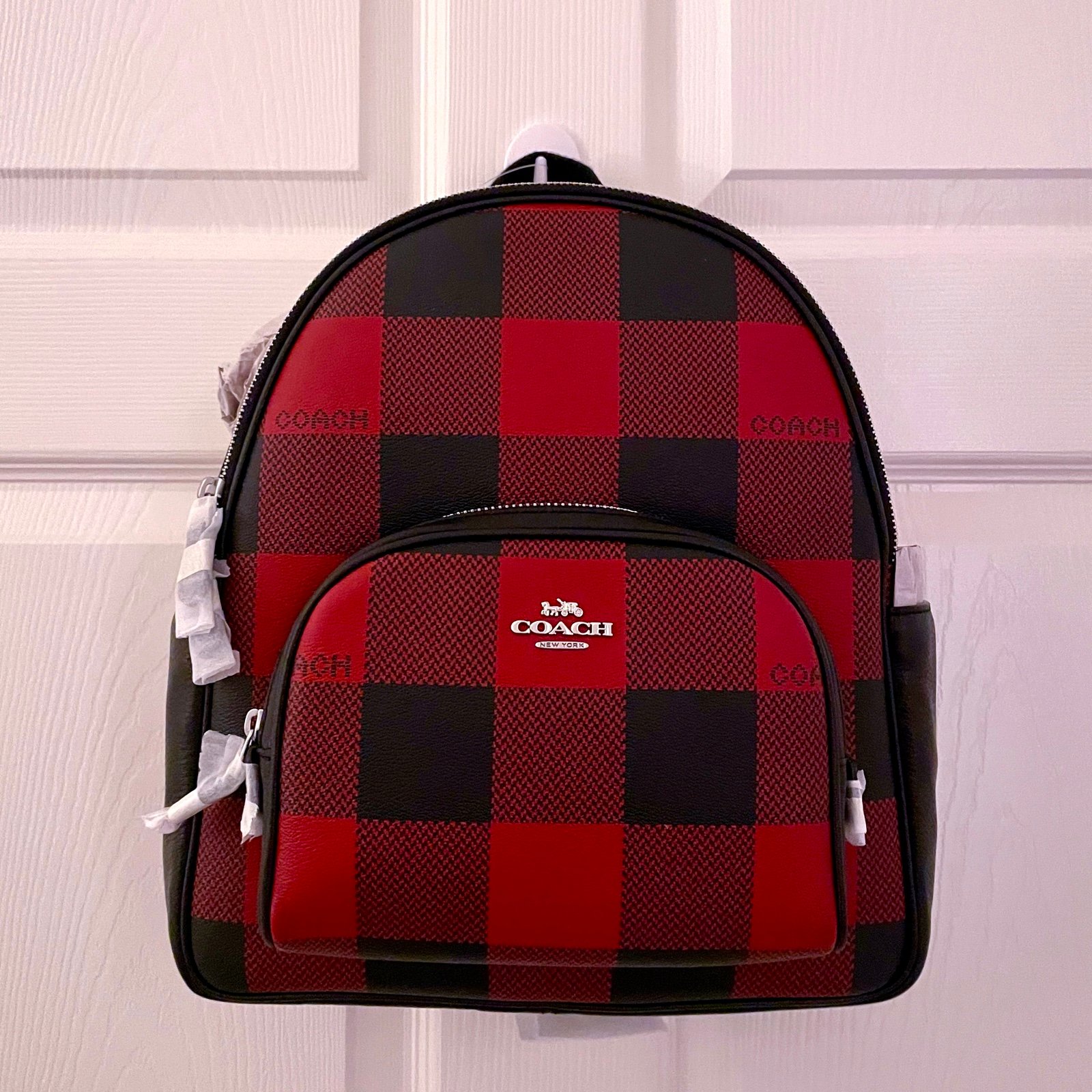 BNWT Coach court backpack with buffalo plaid print black and red c7275
