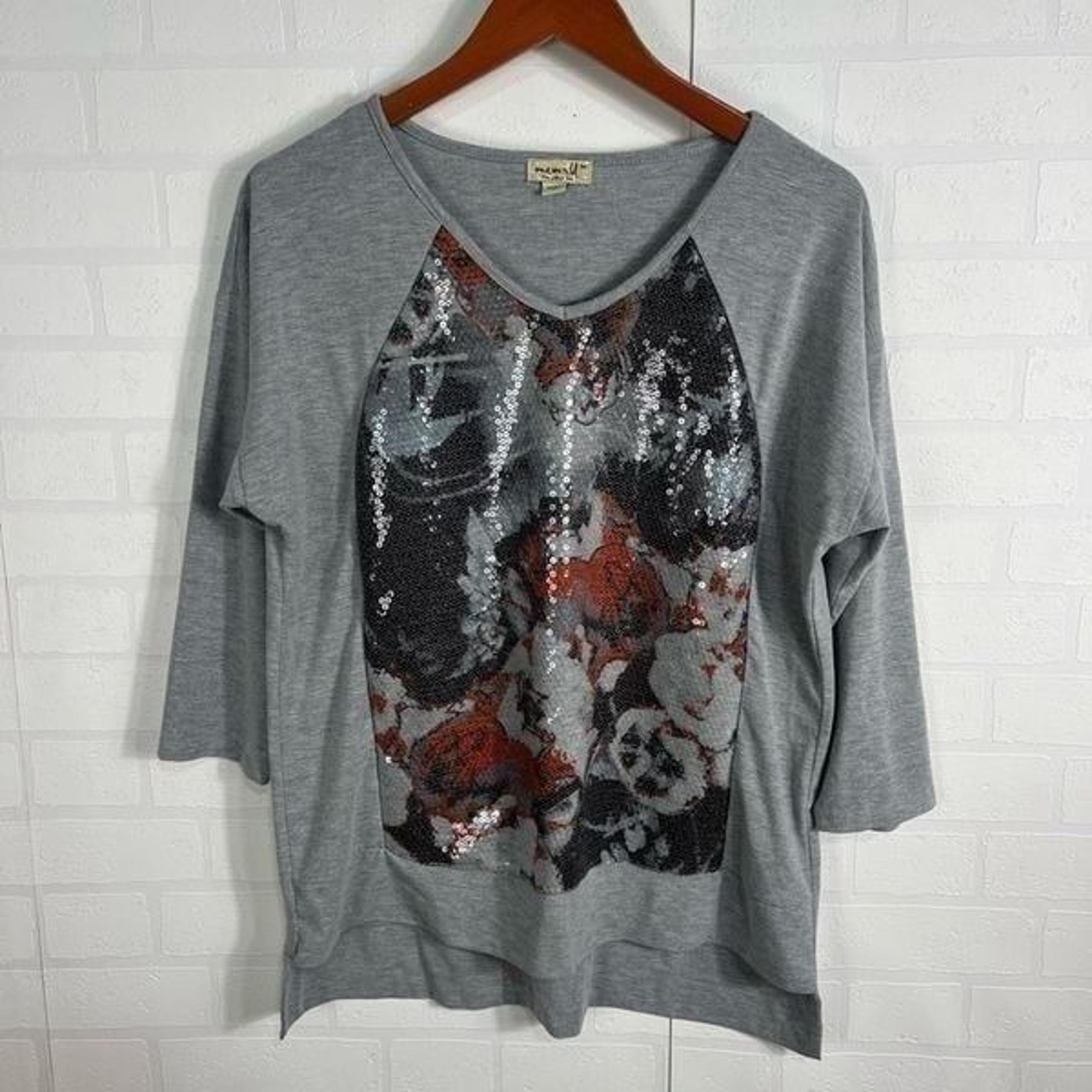 womens top size M Sequin Graphic - One World