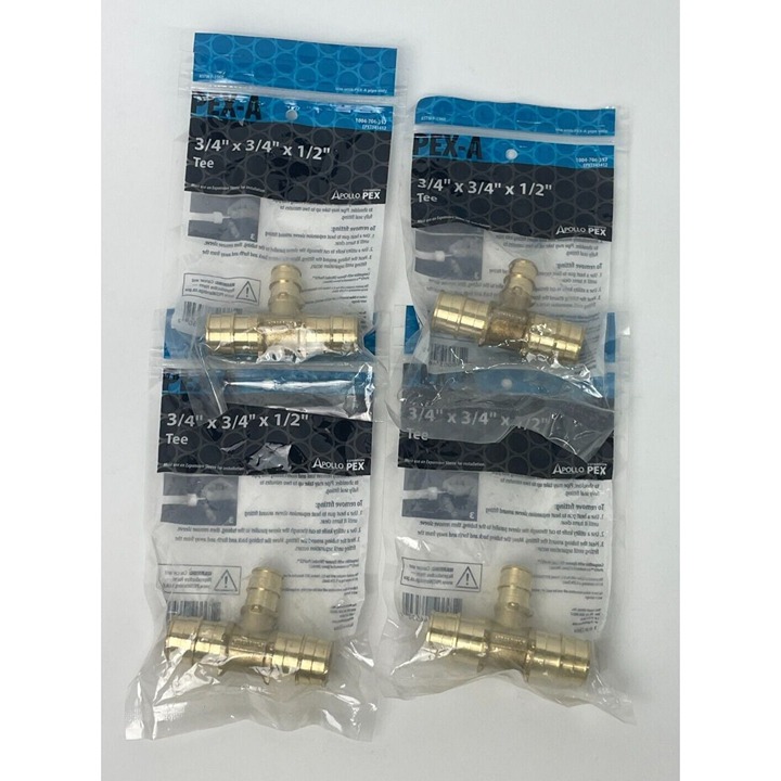 *4-PACK* Apollo Valves EPXT343412 PEX-A Barb Tee, Brass, 3/4 Inch x 1/2 Inch