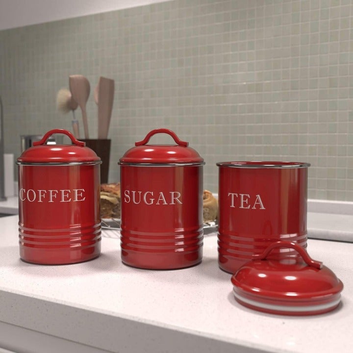 Set of 3 Country Farmhouse Brick Red Metal Kitchen Canisters with Airtight Lids
