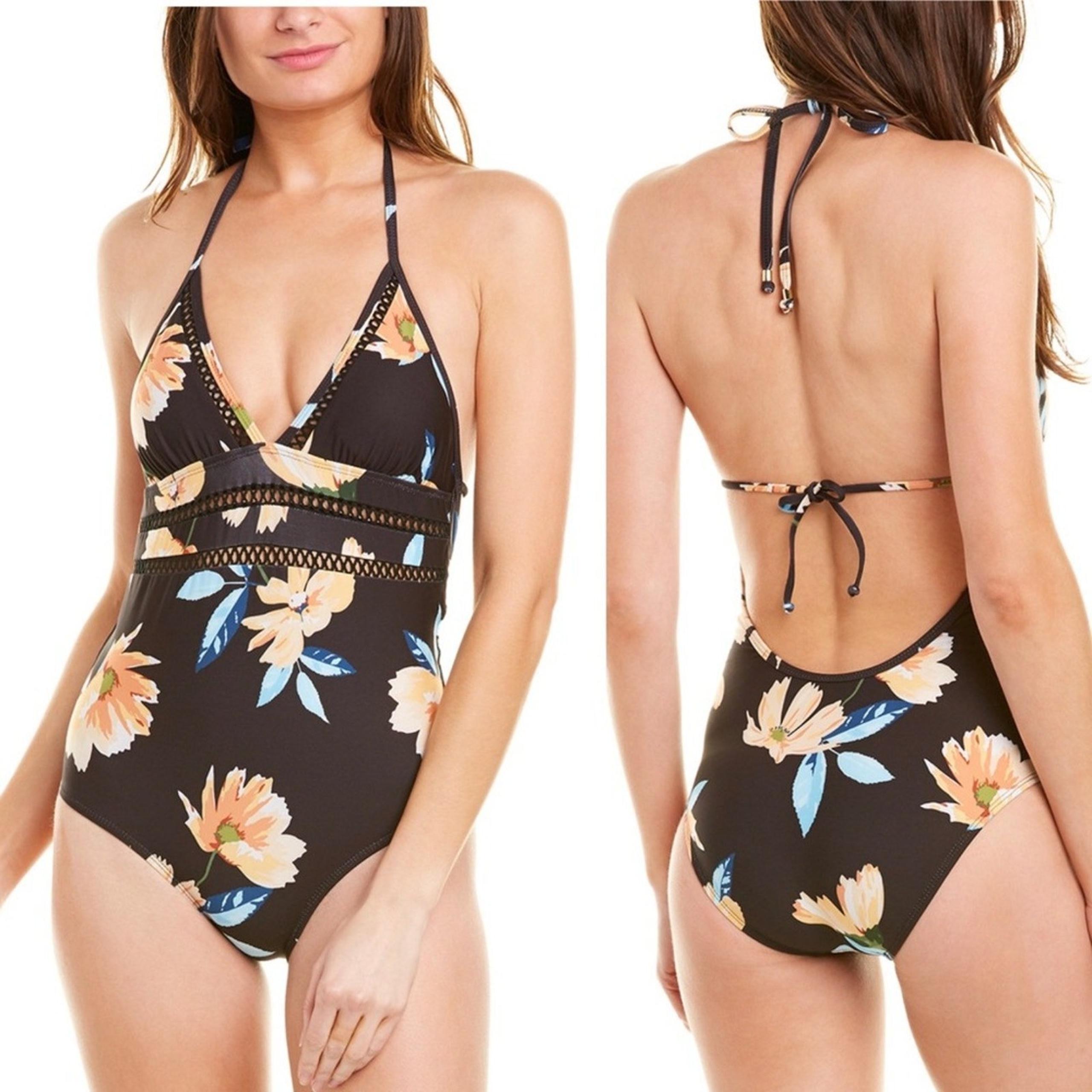 Ella Moss black floral halter one piece swimsuit size medium