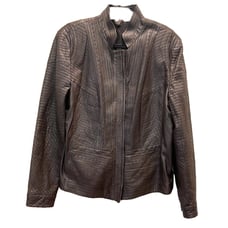 Elie Tahari Olive green brown leather military victorian Jacket embroidery sz XL