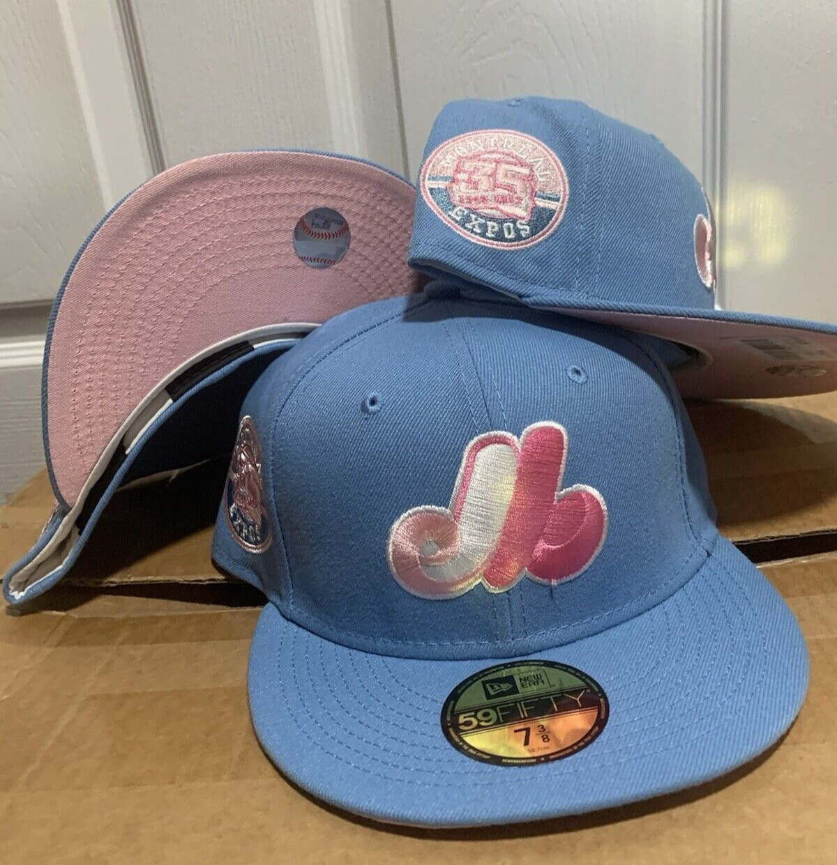 New Era MONTREAL EXPOS 59FIFTY Fitted Hat Cap SKY BLUE PINK UV Side Patch 7 3/8
