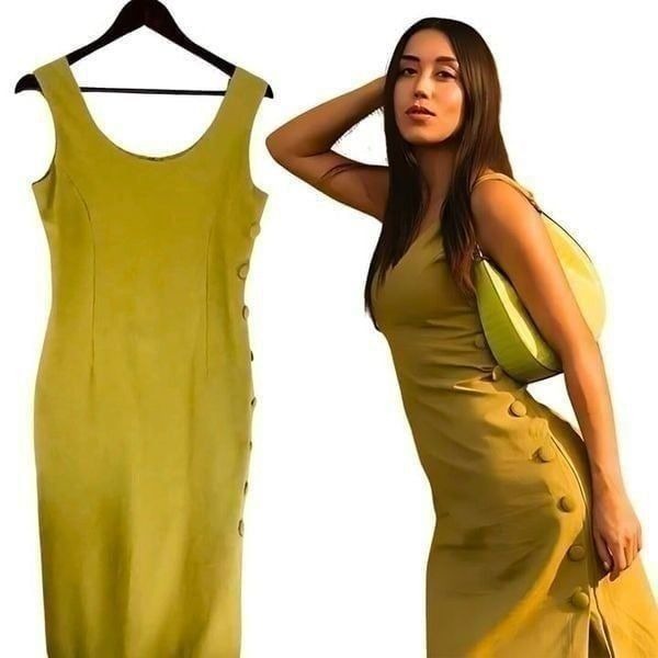 NWT Womens Sayuri Chartreuse Green Button Side Sleeveless Midi Dress