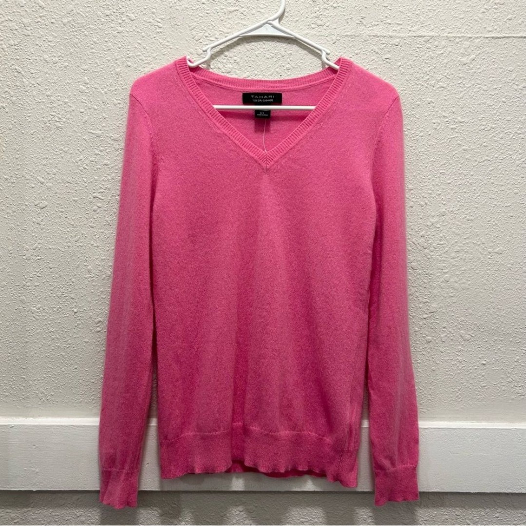 Tahari 2-Ply 100% Cashmere Pink V-Neck Sweater Small