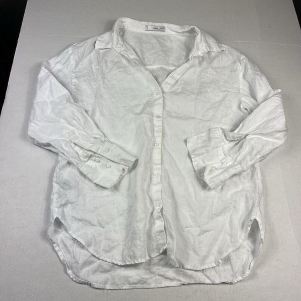 MNG Mango Womens Linen Tunic Button Down Shirt Long Sleeve Loose Fit Top Size 8