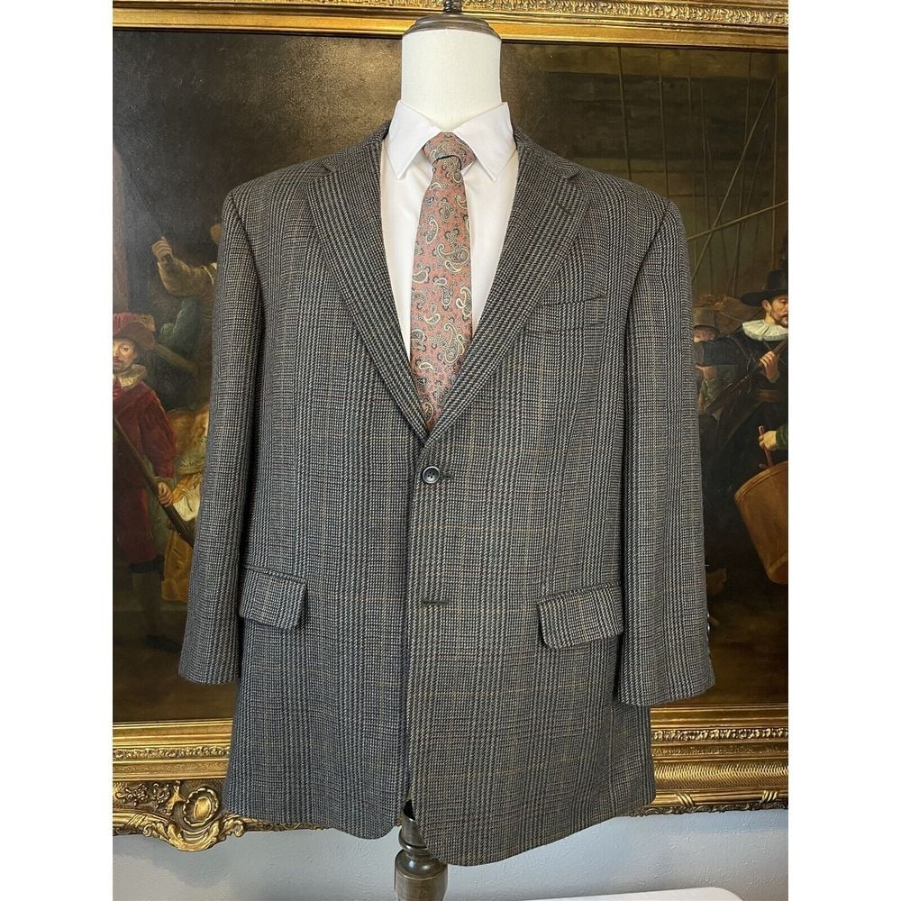 VTG Geoffrey Beene 46R 100% Lambswool Soft Tweed Glen Check 2Btn Blazer Jacket