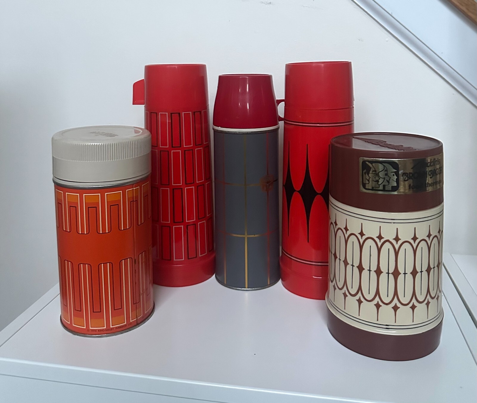 Vintage Lot of 5 Plastic & Metal Thermoses Thermos & Aladdin Brand Plaid Diamond