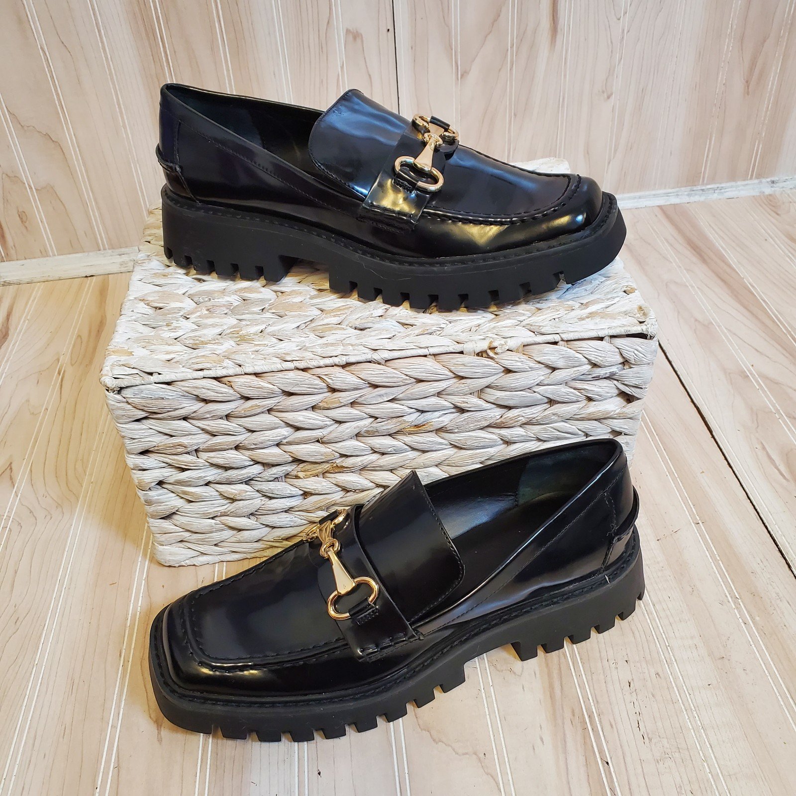 Open Edit Loafer Patent Leather womens 8.5 Black Chunky Slip-On Lug Sole EUC