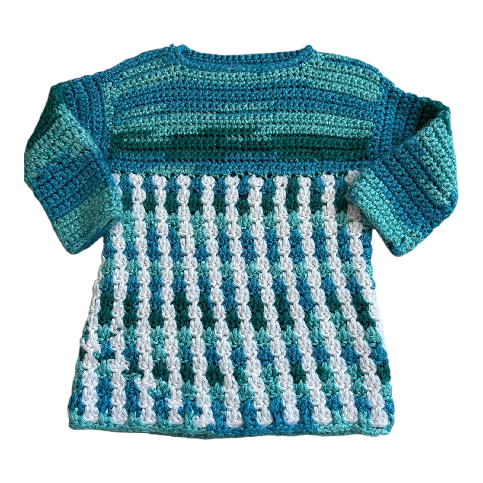 Handmade Crochet Stripe Summer A-Line Dress Baby 6M-12M New Blue Color Blocked