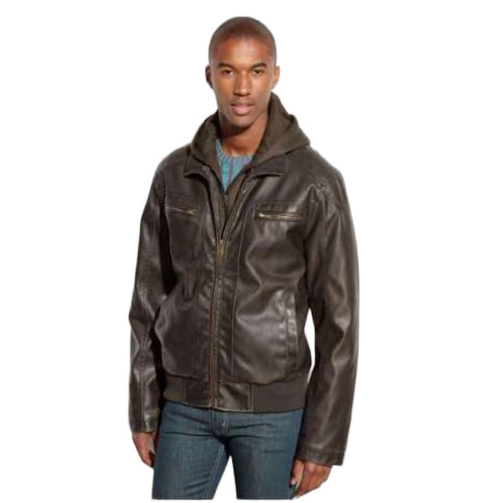 Sean John Men’s VEGAN Leather Hooded Bomber Jacket Black Medium Full Zip Warm