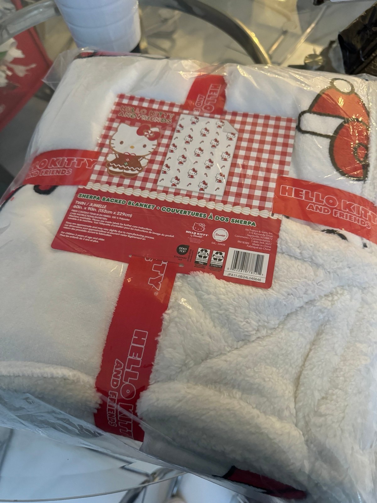 Hello Kitty Christmas Candy Cane Sherpa Blanket