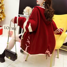 Spring and autumn girls hooded long-sleeved lazy style loose red knitted top