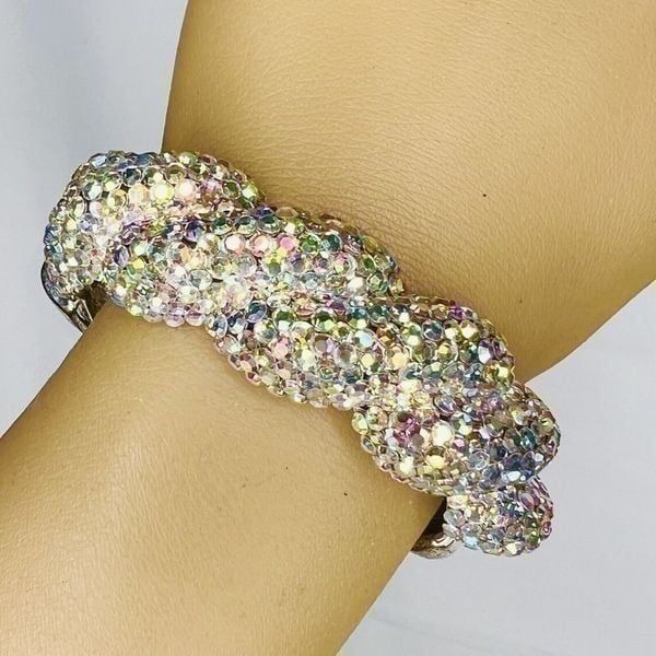 Vintage Aurora Borealis AB Rhinestone Pave Silver Clamper Bracelet Dazzling 4755