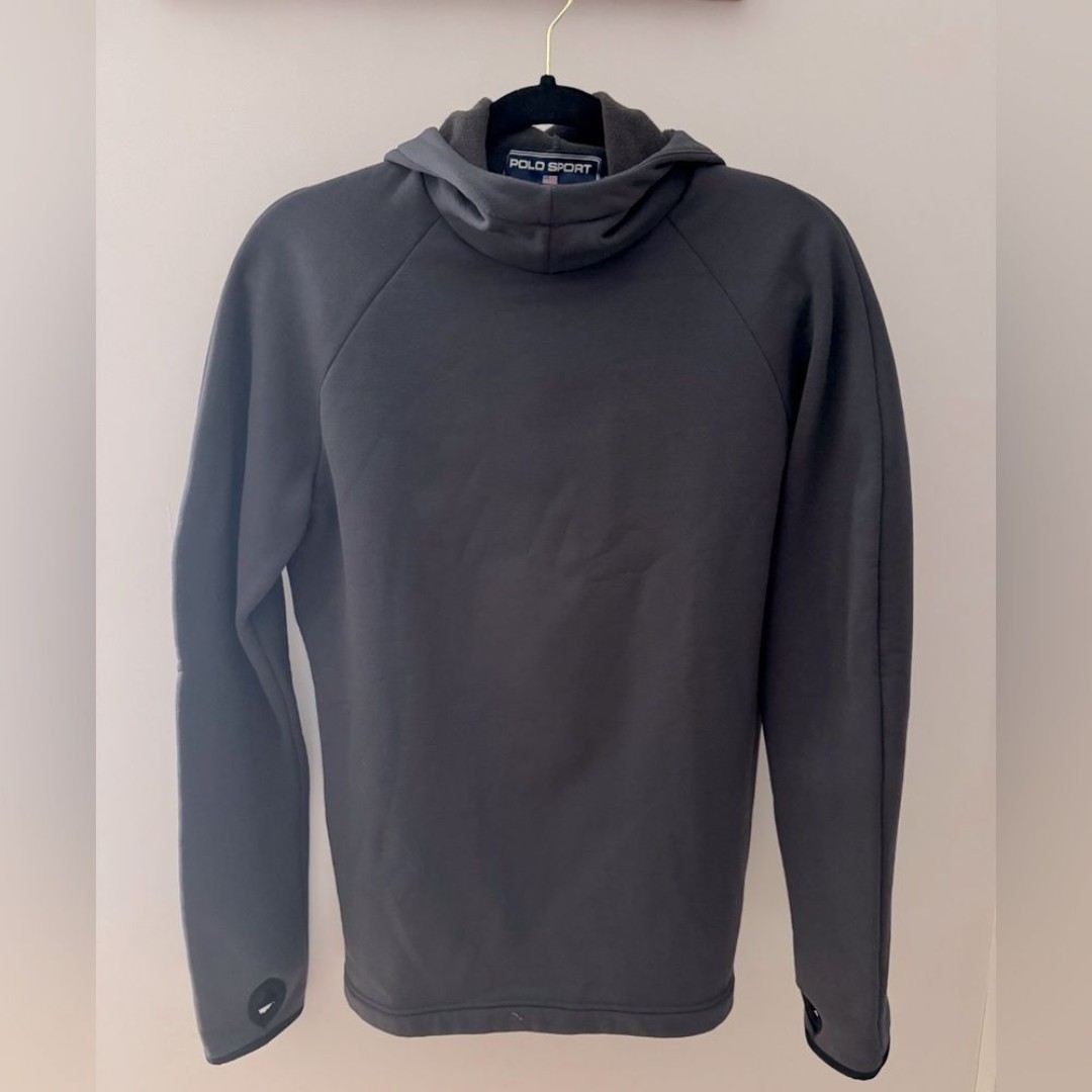 POLO SPORT Ralph Lauren Grey & Black Athletic Hoodie w/ Thumb Holes Sz M No Logo