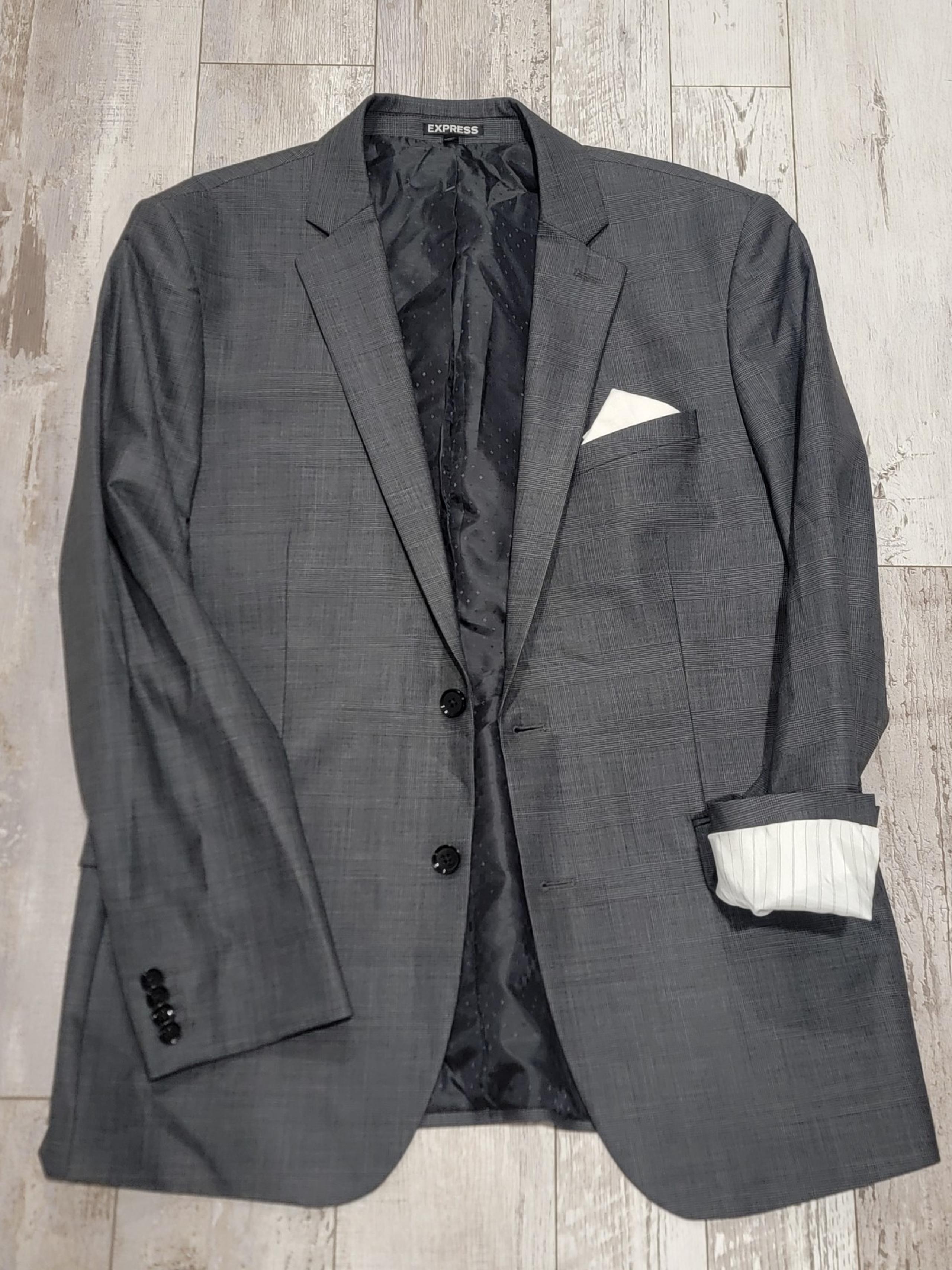42R Men's Express Producer Blazer Gray Tartan Wool Flex Modern Fit Sport Coat