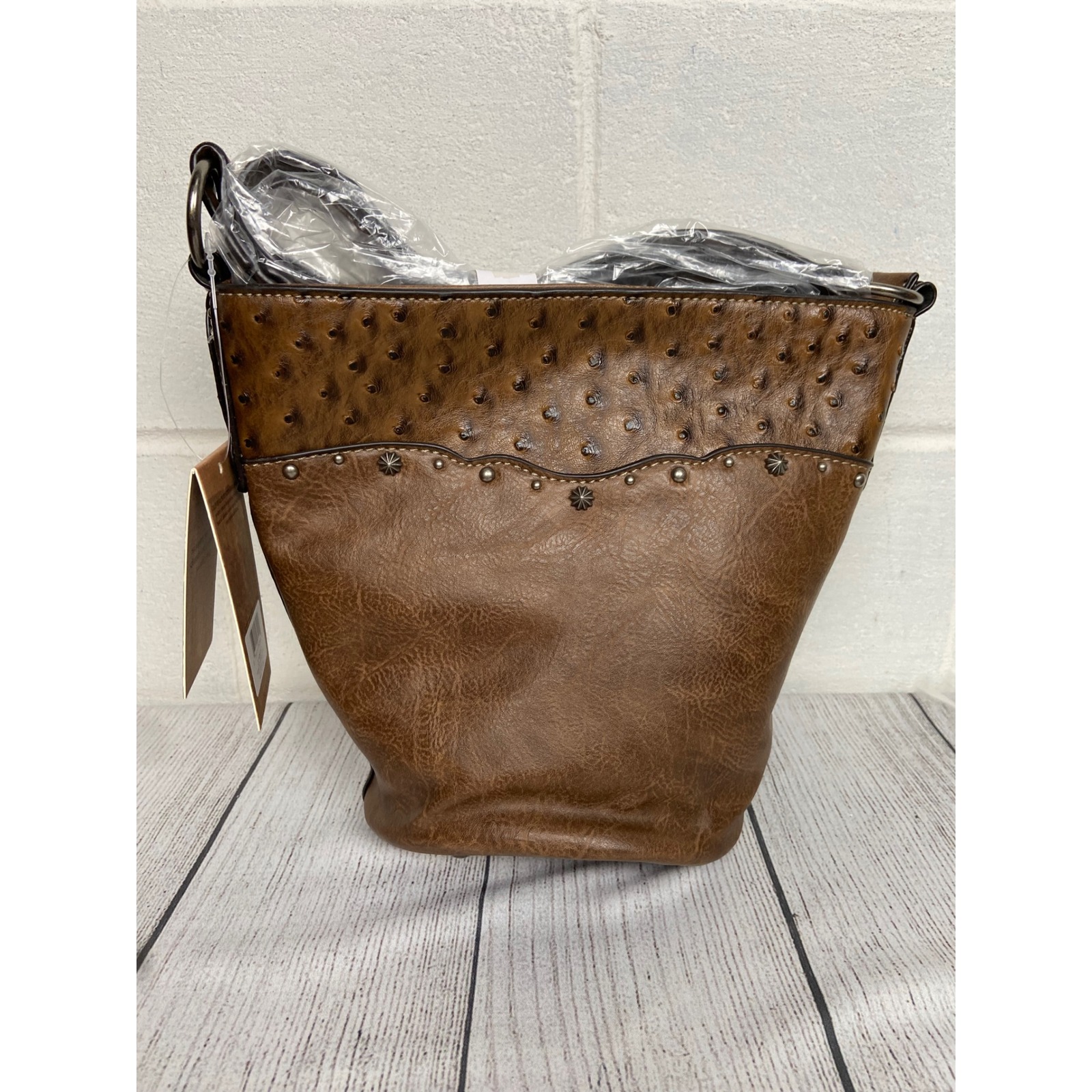 Justin Brown Faux Leather Bucket Bag Western Studded Accent Purse
