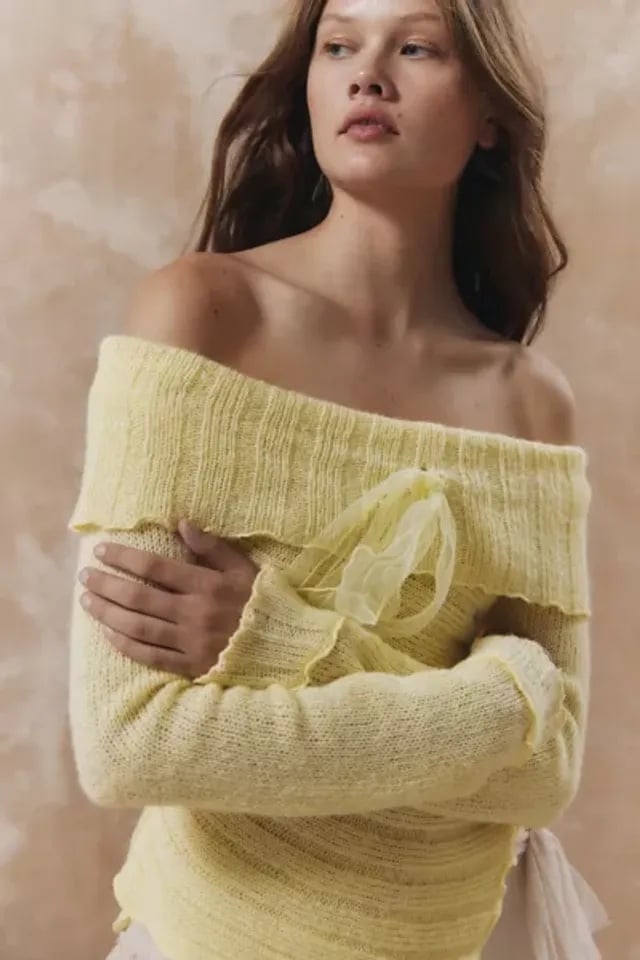 Urban outfitters kimchi blue fiona yellow knit off the shoulder chiffon sweater