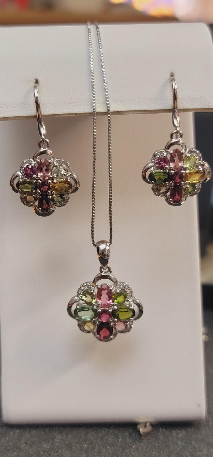 S40 Multi-color Tourmaline and Diamond Pendant and Earrings 3 Piece Set.