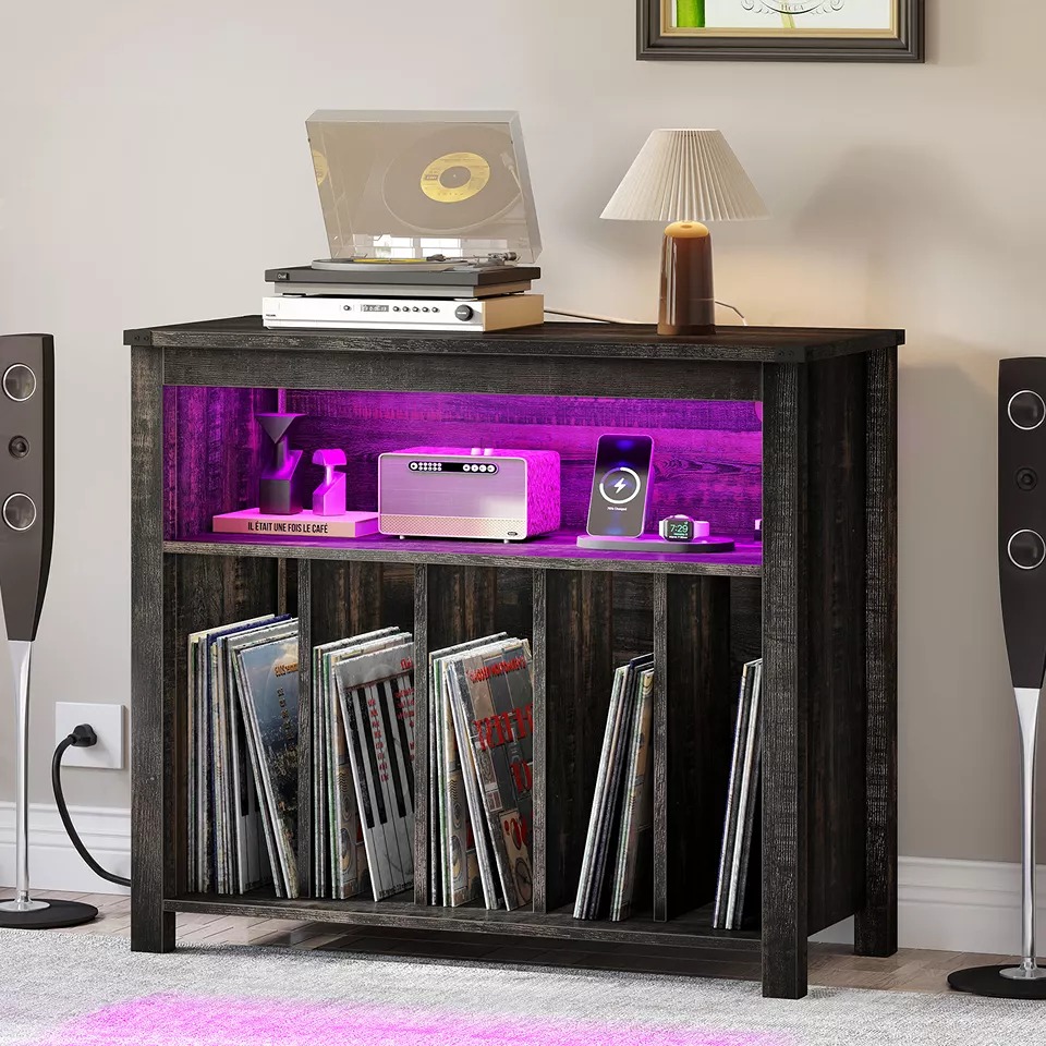 LED Record Player Stand w/ Charging Station Album Turntable Stand Storage Shelf