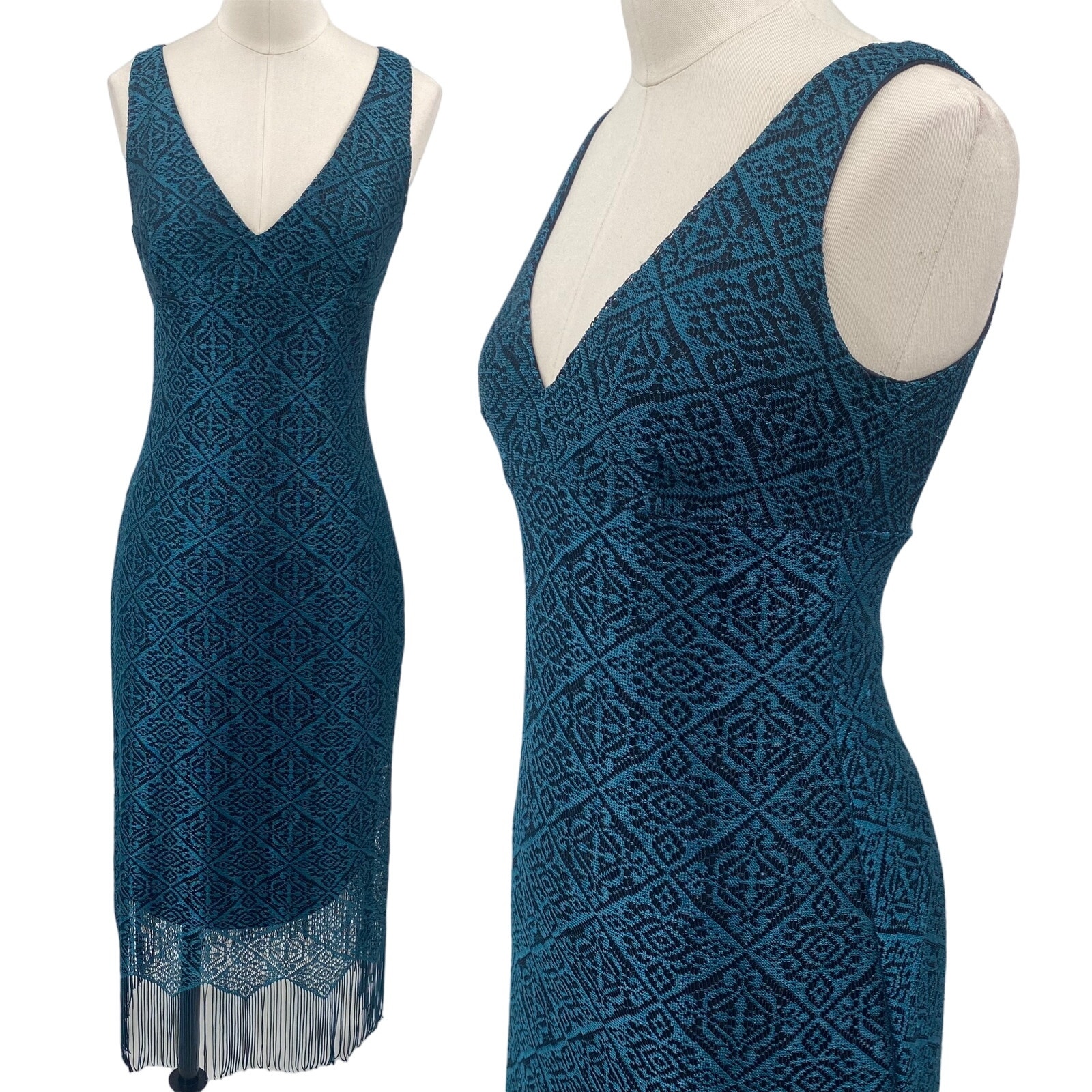 Vintage Necessary Objects Crochet Lace Dress Fringe Hem Midi Teal Blue Womens S