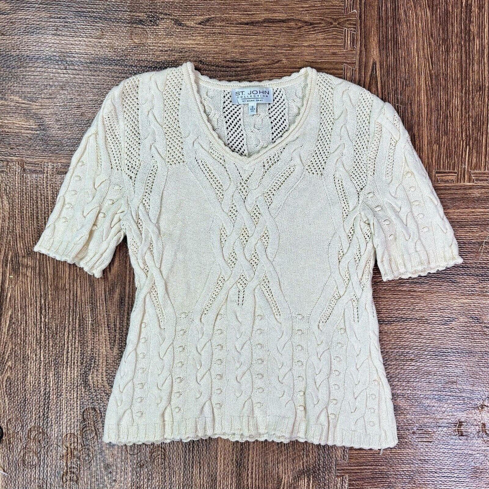 Vintage St. John Cream Knit Sweater Blouse Top Cotton Sz 10