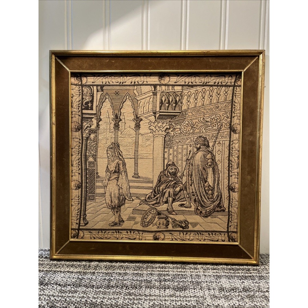 VTG Old Original Hand Sewed Tapestry Art Italian Wooden Framed Picture 22”X 22”