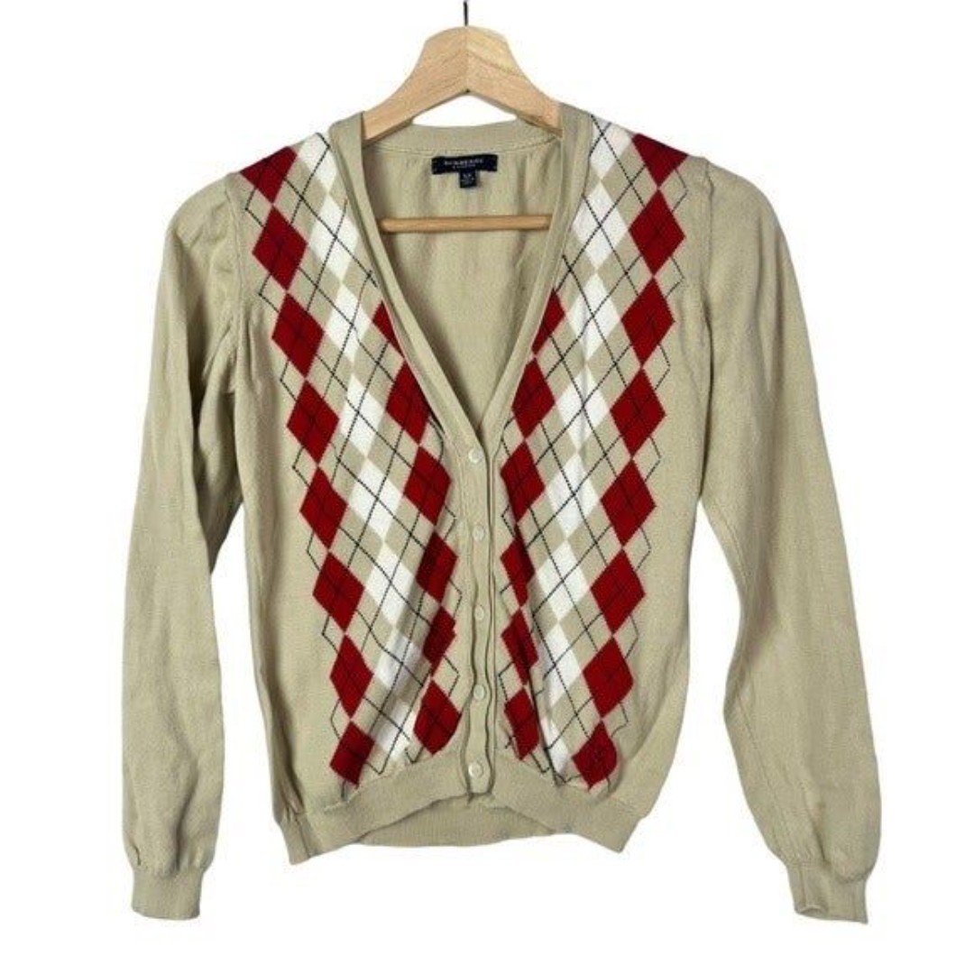 Burberry Light Brown Red & White Argyle Knit Cardigan Sweater XS