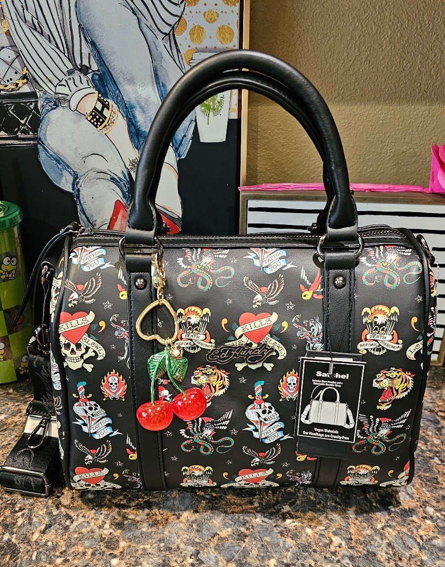 Black Ed Hardy satchel with shoulder straps zipper accents