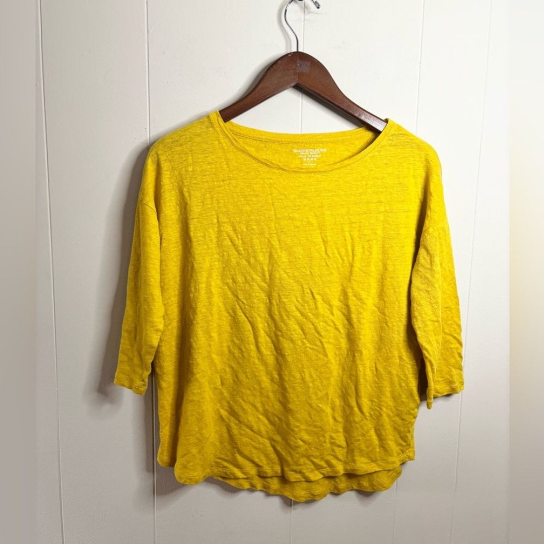 Majestic Filatures linen blend yellow 3/4 sleeve scoop neck top size (2)