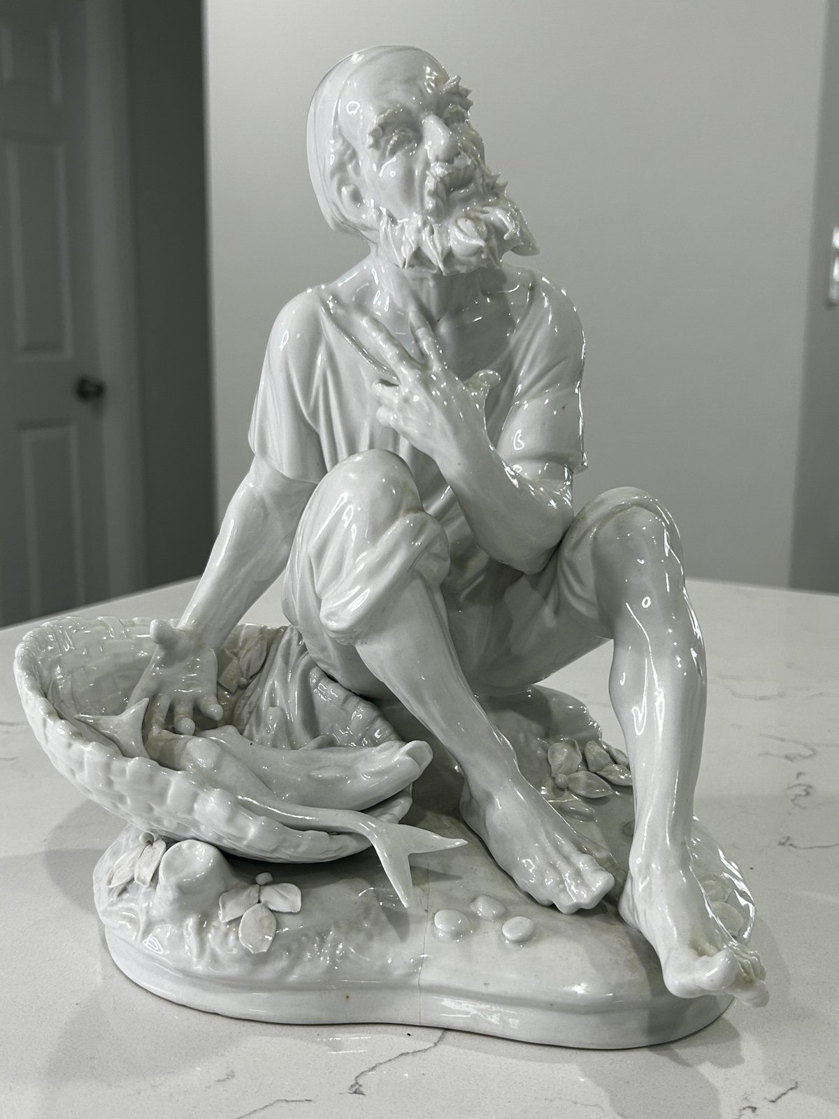 Dresden White Bisque Fisherman Sitting Blue Mark Vintage Smoking 9.5