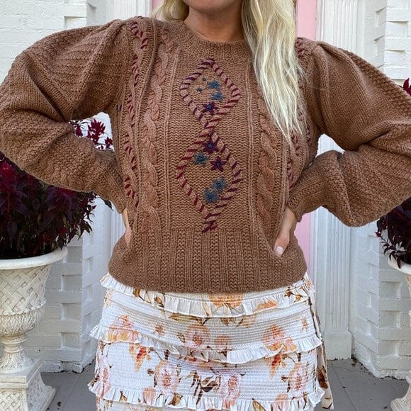 Brown Maplewood LoveShackFancy Leni Pullover Cable Knit Cropped Sweater XS
