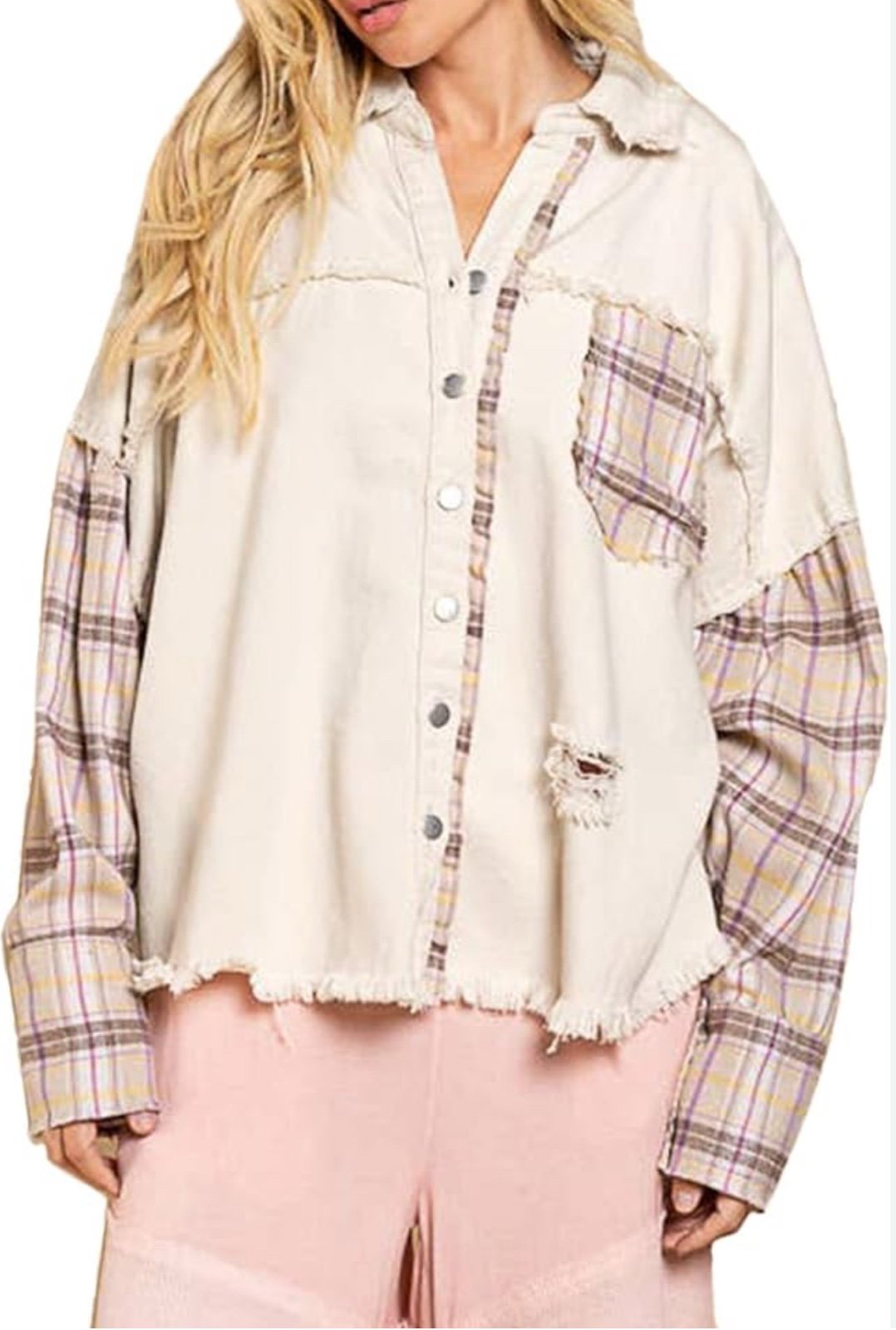 POL distressed denim button up cream jacket with plaid sleeves frayed hem SZ 2X