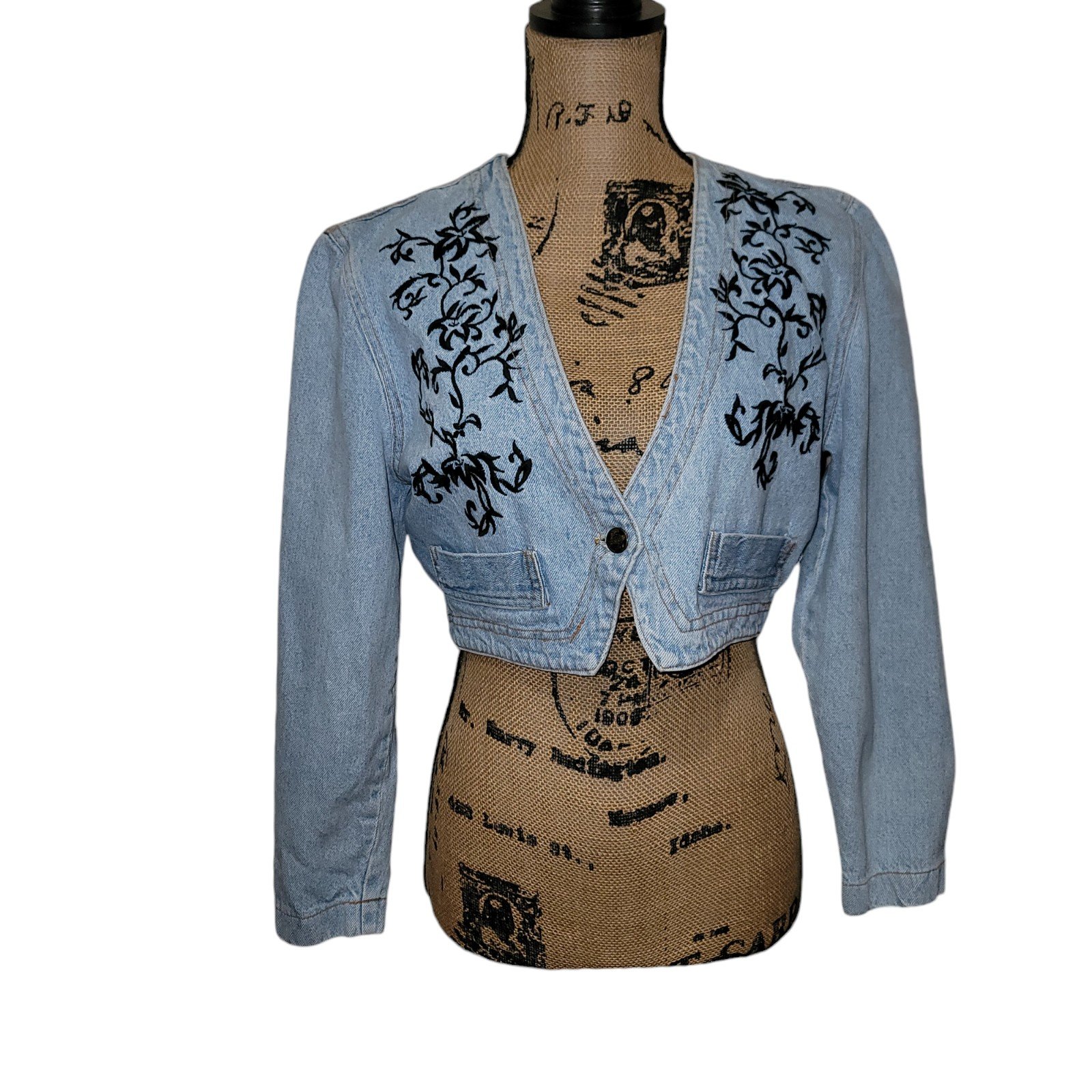 Embroderied Bolero Jean Cropped Jacket Vintage 1980's Switch USA Womens Medium