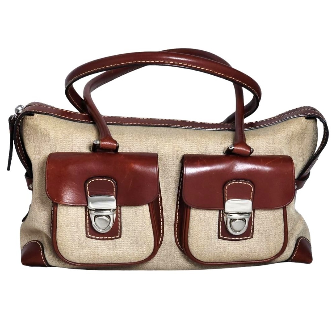 Vintage Dooney & Bourke Brown Leather & Tan Monogram Canvas Satchel 12.5 X7.5 X5